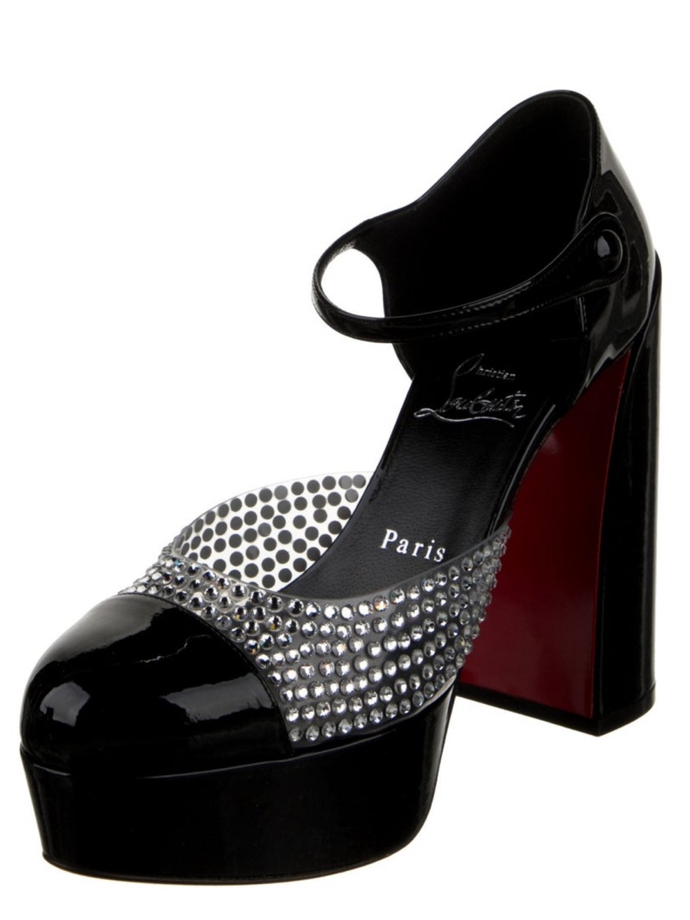 Christian Louboutin Black Patent Platform Mary Jane with Crystal Accents